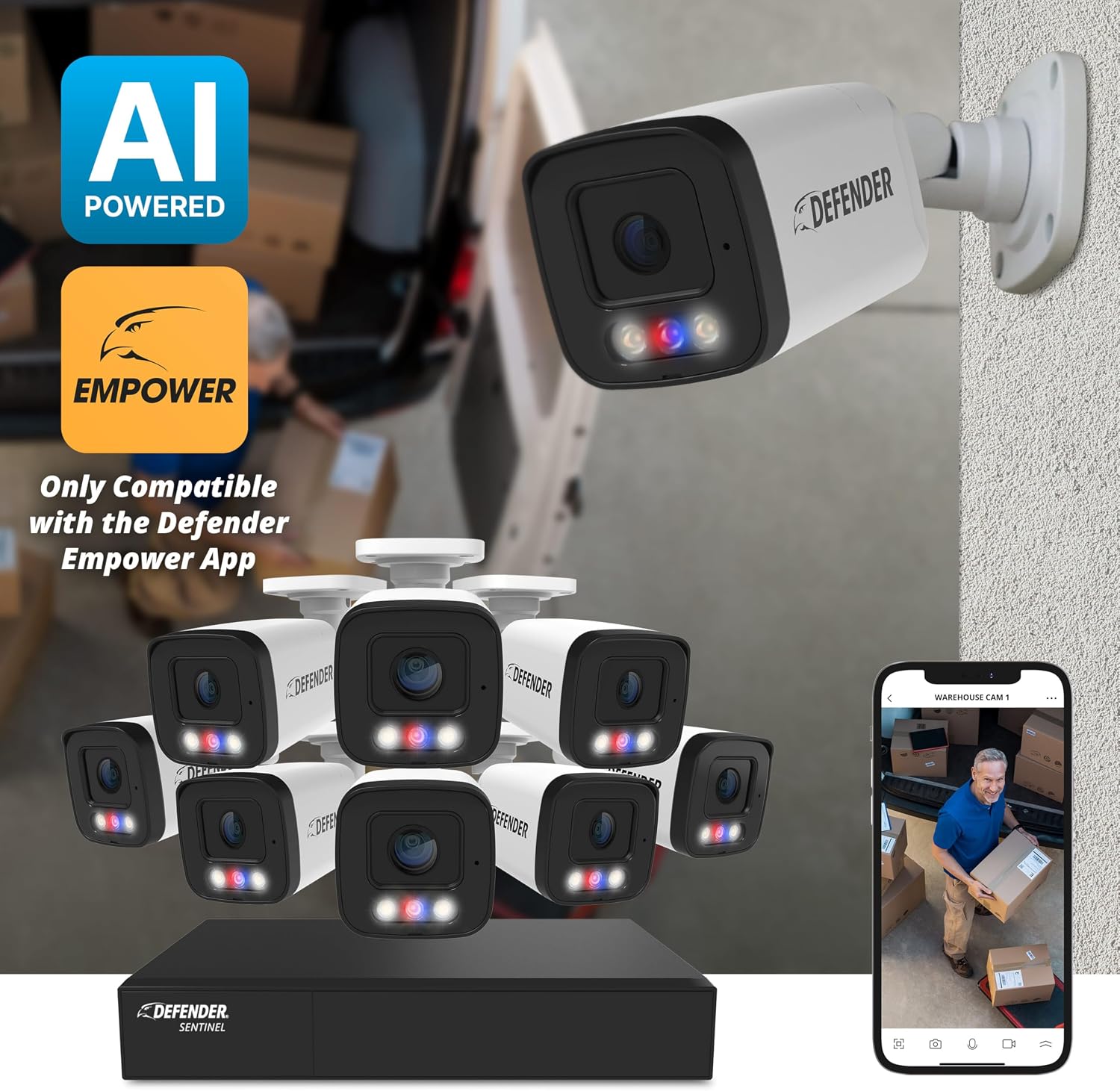 Defender AI Powered Sentinel 4K 8CH PoeE Security Camera System, 8pcs NVR Metal Outdoor Surveillance Cameras, 1TB HDD, SMART AI Human Detection, Blue/Red Lights, Works w/Empower App