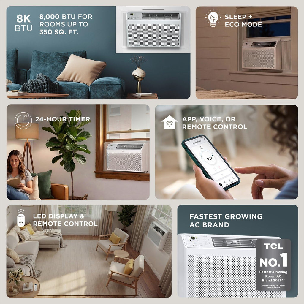 TCL 8000 BTU Smart Window Air Conditioner, Best Compact Quiet Energy Efficient AC Unit, Fan & Dehumidifier, Rooms Up To 350 Sq. Ft., Remote Control, Works with Alexa, Google Assistant & TCL Home App