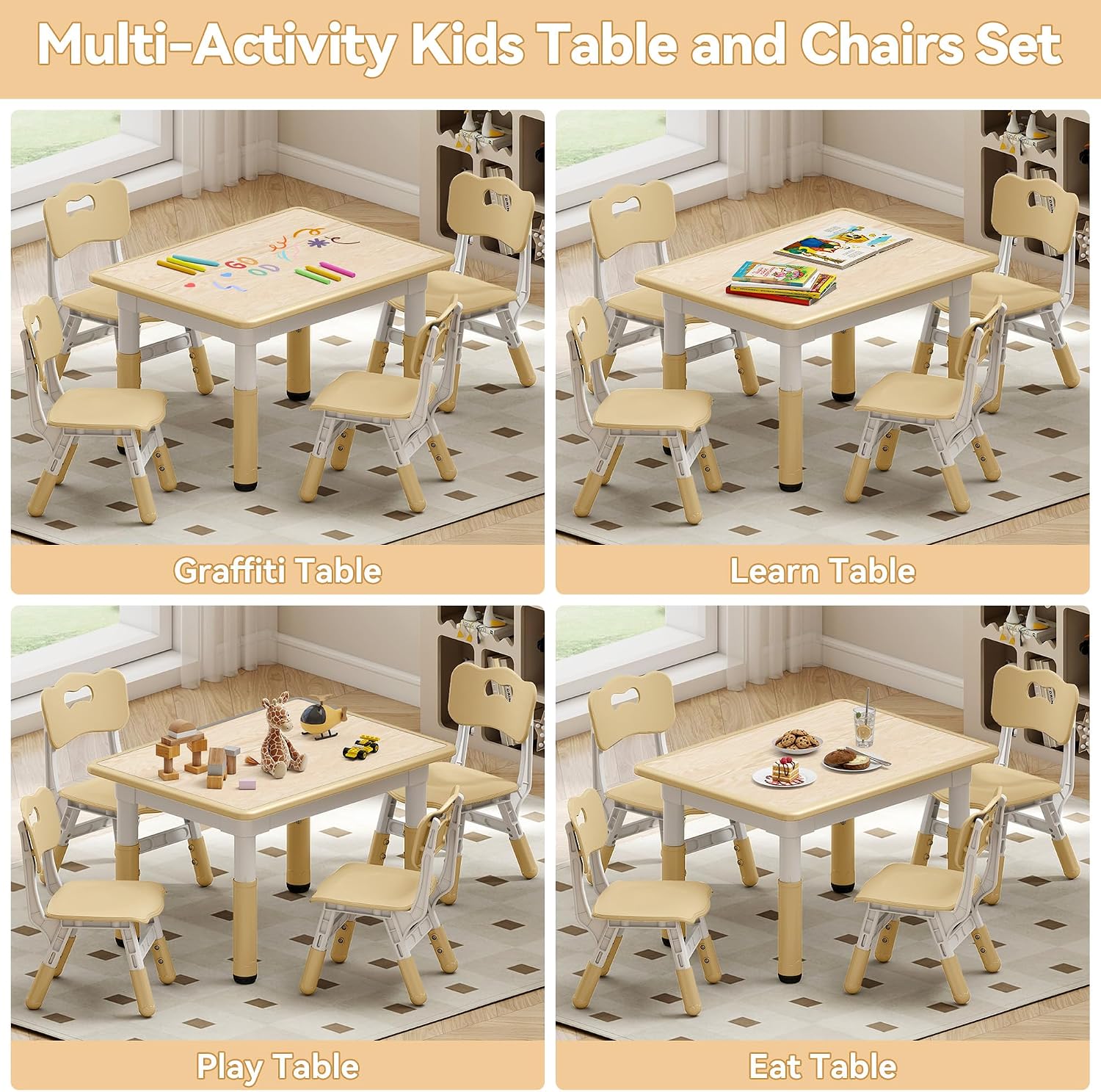 GITAWUSA Kids Study Table and Chairs Set, Height Adjustable Toddler Table and Chair Set for Kids Ages 3-8, 31.5' L x 23.6' W Graffiti Desktop Plastic Children Art Table with 4 Seats, Brown