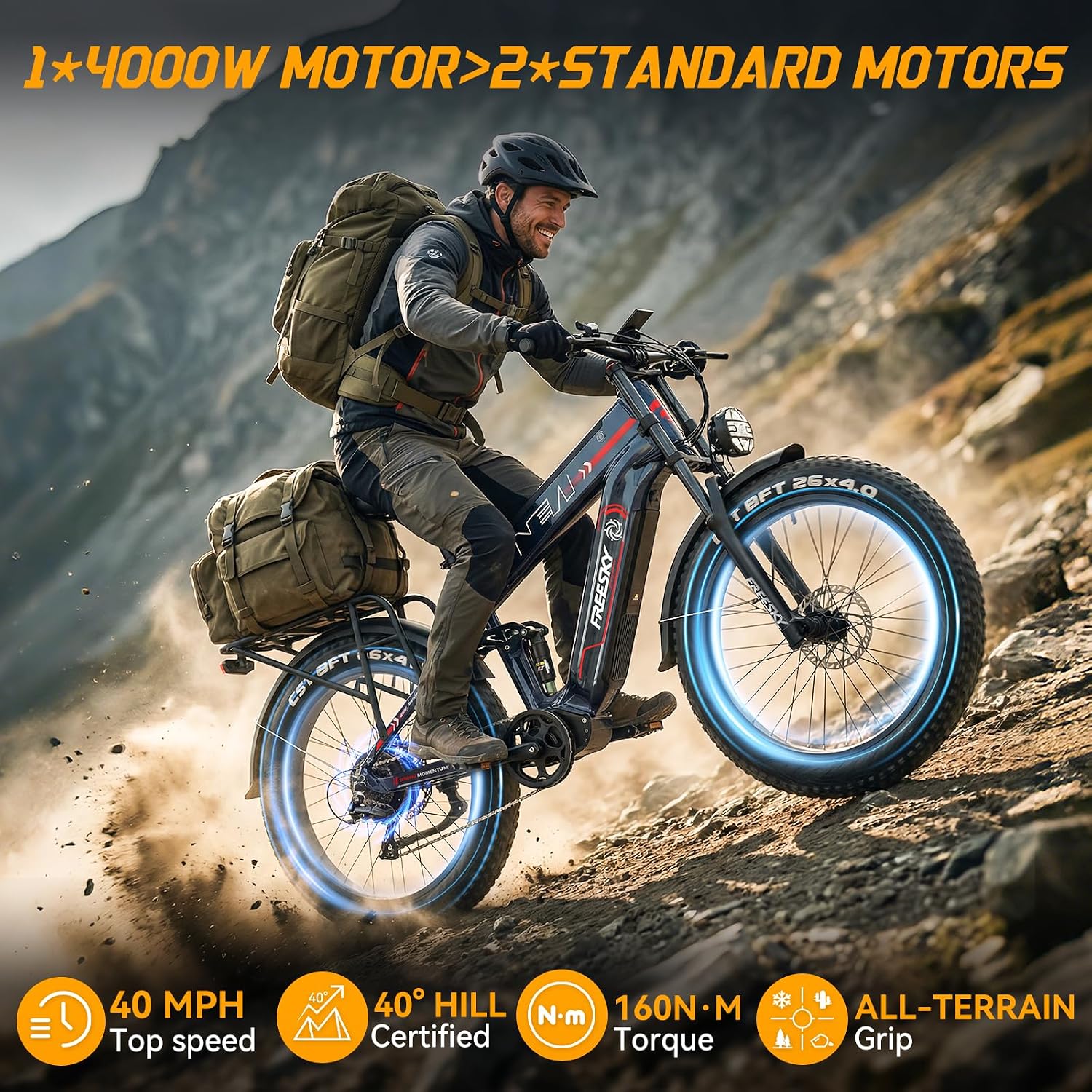 FREESKY 2026 Alaska Pro Dual Battery 48V 45AH 200 Miles 40MPH Electric Bike for Adult, 4000W High-Torque Motor Long Range Fat Tire Ebike, 26' Full Suspension Mountain E Bike, UL 2849 Certified by TÜV