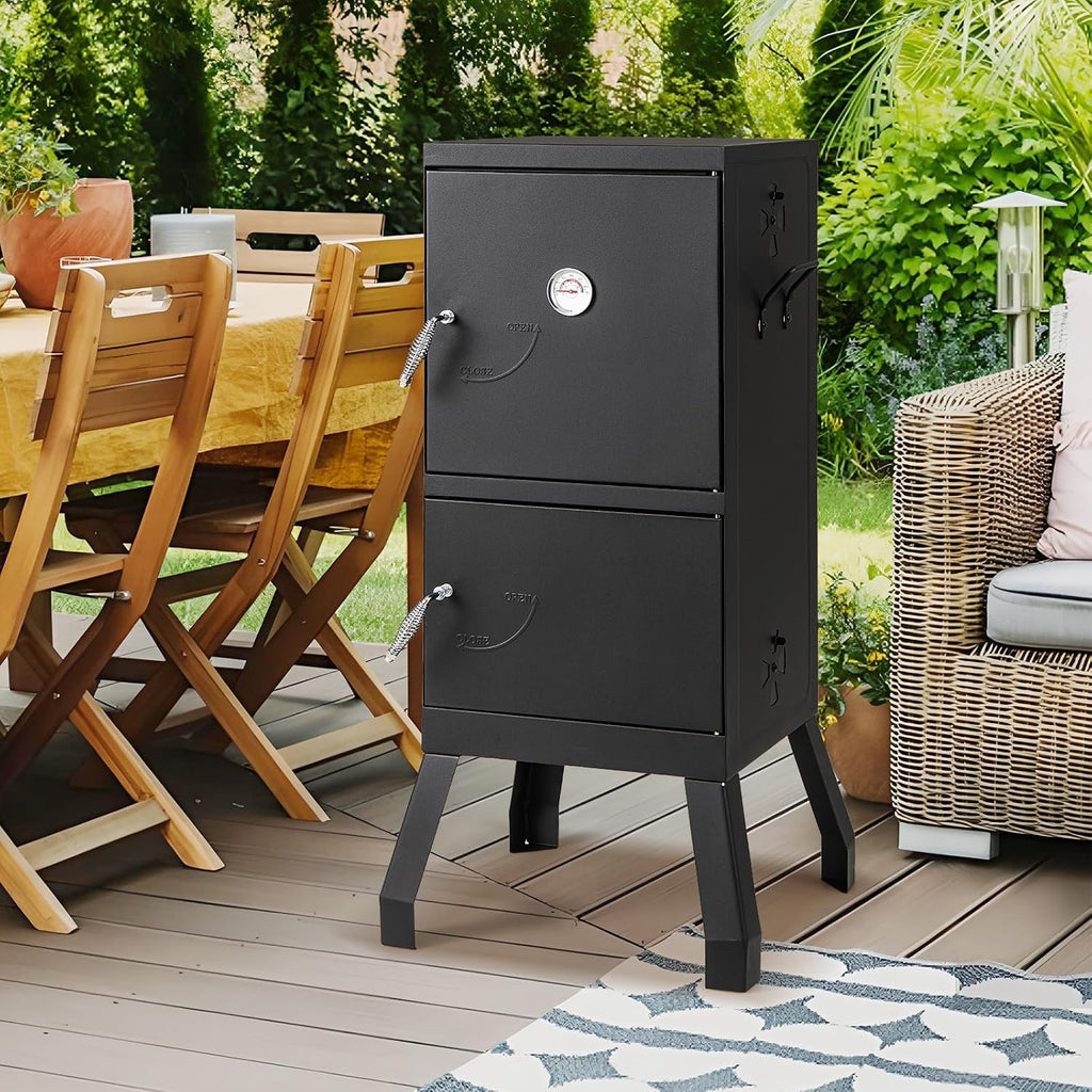 Giantex Outdoor Smoker with Double Doors, 2 Detachable Grill Netting Smoking Racks, Charcoal Pan & Water Pan, 4 Air Vents, Thermometer, Vertical Charcoal Smoker for Barbecue Camping Backyard Grill