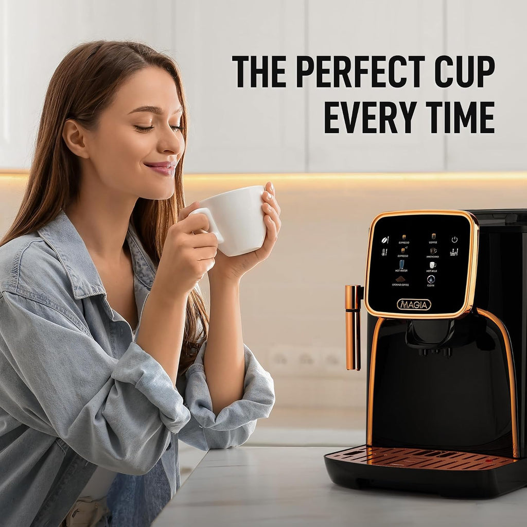 Zulay Kitchen Magia Automatic Espresso Machine – Clasica, Black Copper – Super Automatic Coffee Maker with Built-in Grinder, Steam Wand, Self-Cleaning, Touch Panel, for Bean & Ground Coffee
