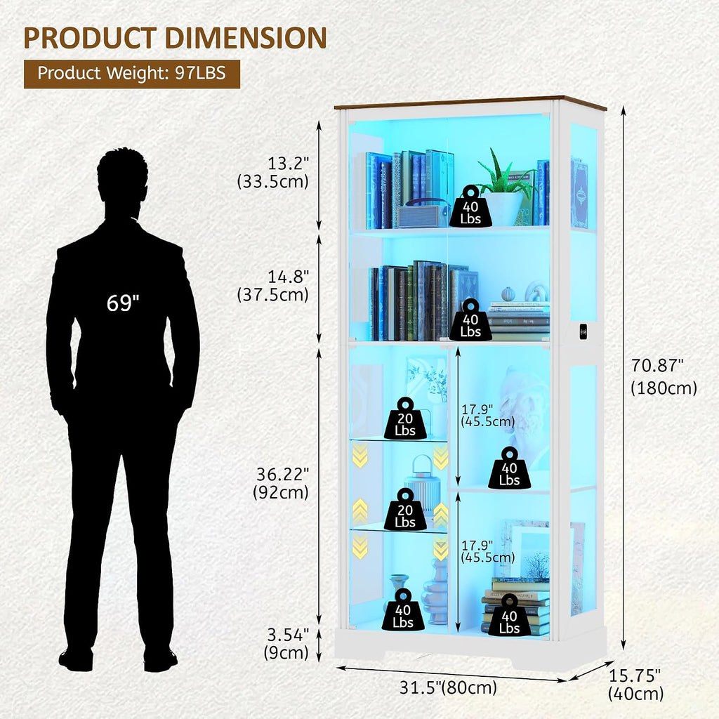 Lvifur Display Cabinet with Glass Doors, Modern Curio Cabinet with 3 Color Lights, 7-Tiers Glass Display Cases for Collectibles, Tall Storage Cabinet with Human Body Sensor for Living Room (White)