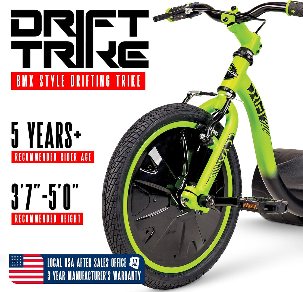 Drift Trike for Kids Ages 5+ – 16' Front Wheel Ride-On with Adjustable Seat, Steel Frame, Rear Slick Drift Wheels & Safety Flag – Madd Gear