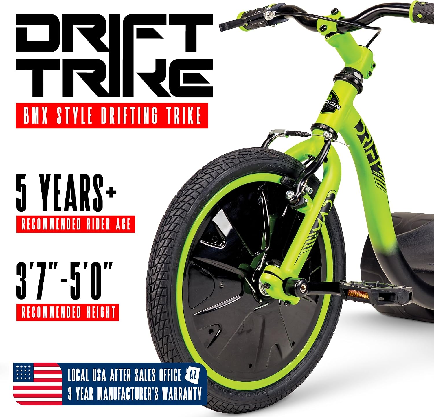 Drift Trike for Kids Ages 5+ – 16' Front Wheel Ride-On with Adjustable Seat, Steel Frame, Rear Slick Drift Wheels & Safety Flag – Madd Gear