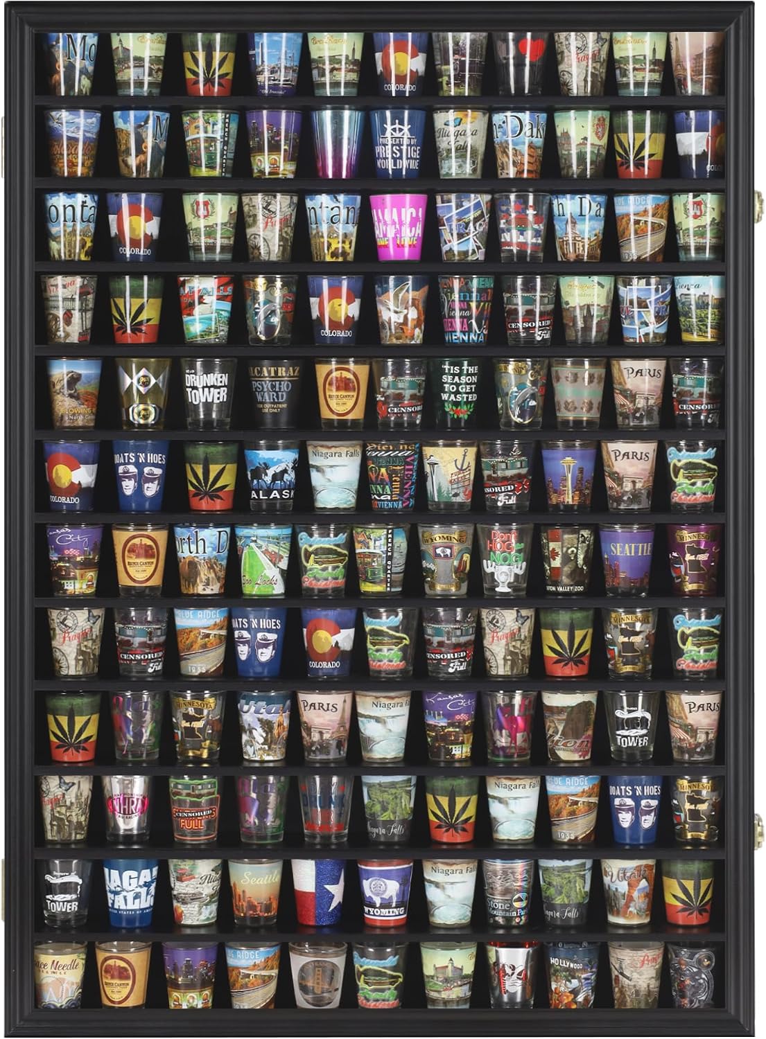 Large 144 Shot Glass Display Case Rack Solid Wood Cabinet Holder Wall Curio Cabinet Shadow Box for Action Figures Small Figurines - Lockable with UV Protection Door - Black Finish