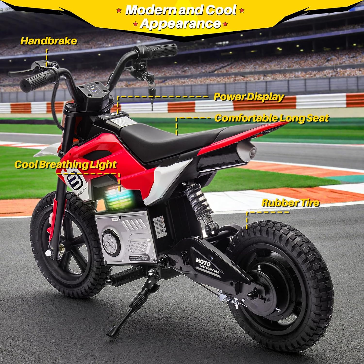 Blitzshark 24V Electric Dirt Bike for Kids，200W Motor Electric Motorcycle Aged 5-12, Electric Motorbike for Kids, Adjustable Speed, LED Breath lamp,Bluetooth,Music,Horn,Speeds 3-9MPH, Red