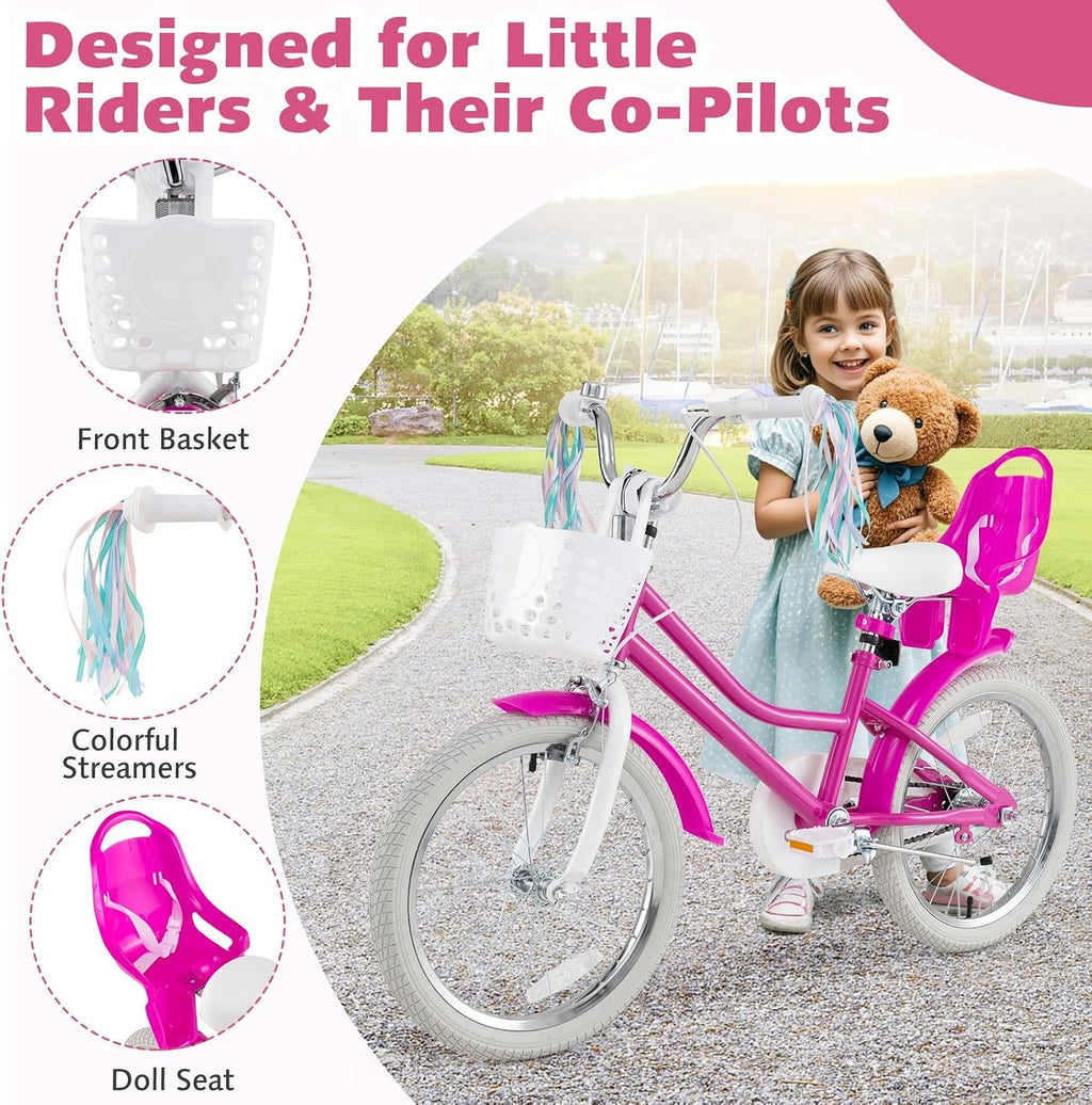HONEY JOY Kids Bike, 12 14 16 18 Inch Girls Bike w/Training Wheels, Doll Seat, Streamers, Handbrake & Coaster Brake, Fully Enclosed Chain, Princess Style Children Bicycle, Gift for Girls 3-8