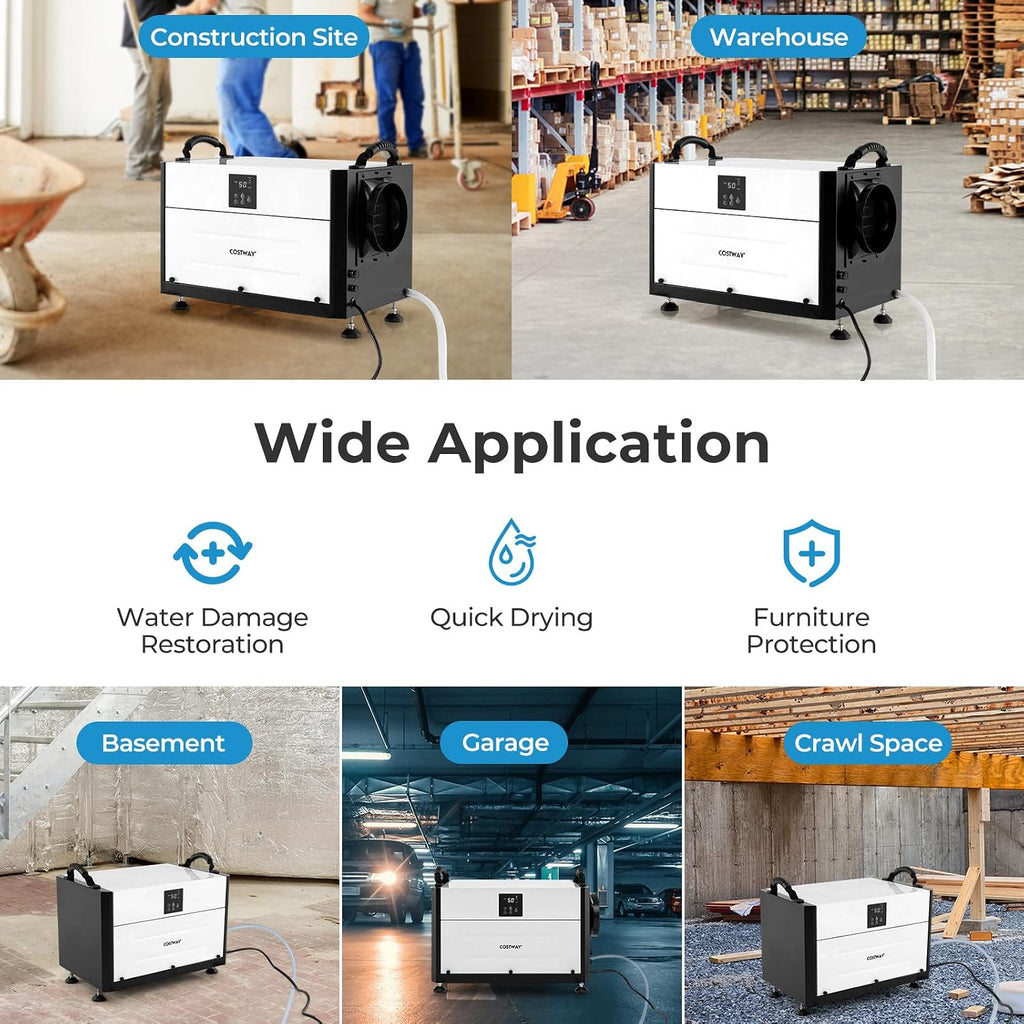 COSTWAY 155 PPD Commercial Dehumidifier, 1900 Sq.Ft Crawl Space Dehumidifier with 9.8 FT Drain Hose & Wired Remote Control Panel, Ideal for Basement, Warehouse (White)