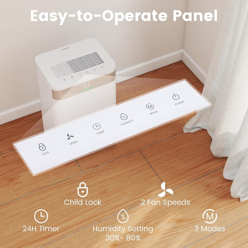 COSTWAY 54 Pints Dehumidifier for Basement, 4500 Sq.Ft Dehumidifier with 3 Modes, LED Display, 3-Color Indicator Light, 24H Timer, Child Lock, Drain Hose & Auto Defrost for Bathroom Bedroom