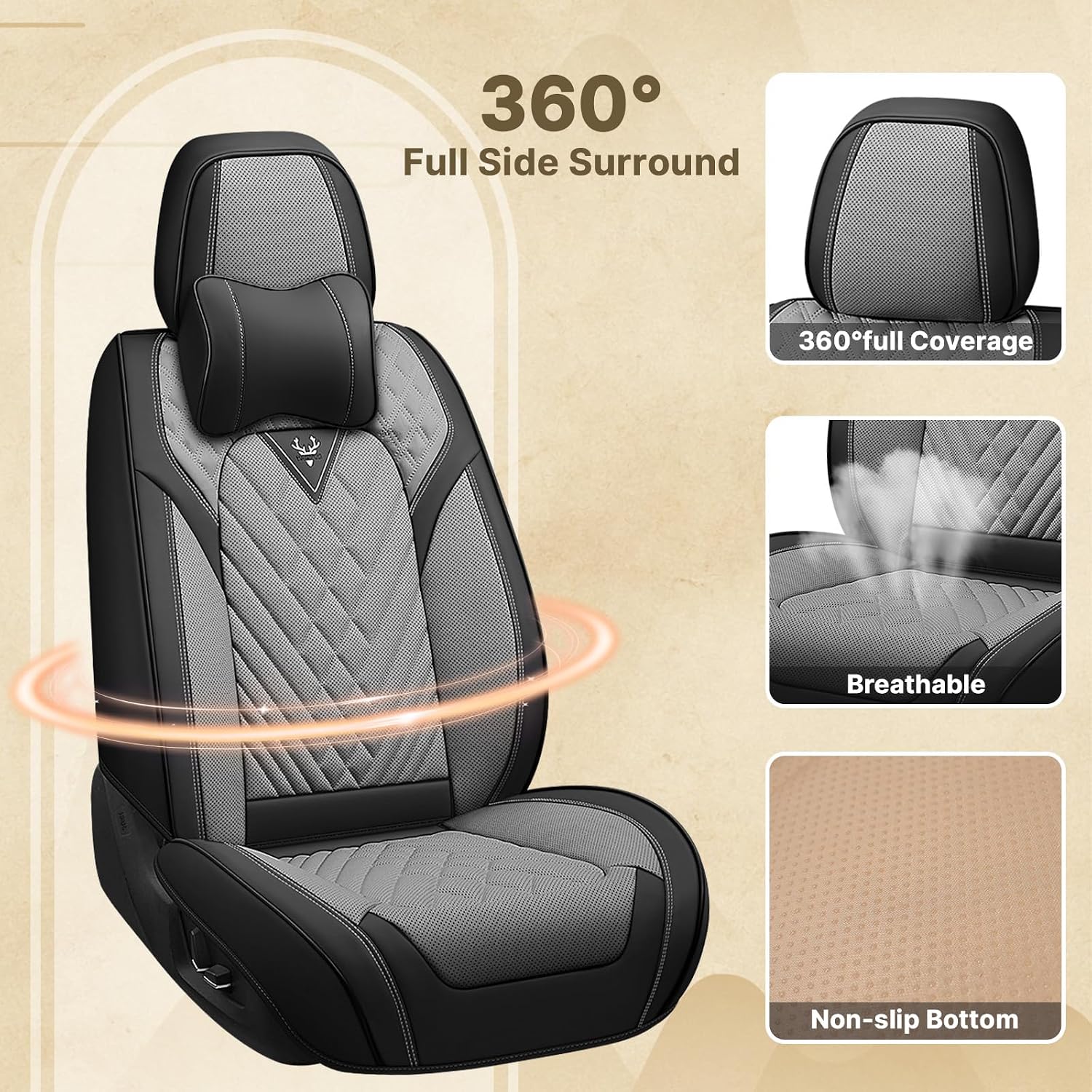 Fit for 97% of Cadillac Seat Covers, Fashion Sport Seat Cover with Waterproof Leather, Airbag Safe Design Seat Protector (5 Full Seat Luxury, Black Gray)