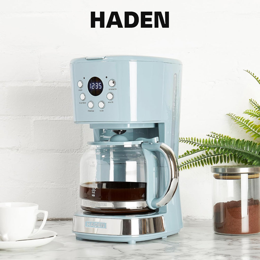 HADEN Brighton Coffee Machine, 12 Cup Programmable Drip Coffee Maker with Auto Shut-Off Function and Reusable Washable Water Filter, Sky Blue & Chrome