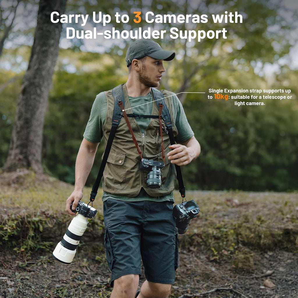 PGYTECH Camera Strap Master, Dual Shoulder Harness for 3 Cameras, 60mm Leather Ergonomic Shoulder Pad, Adjustable Camera Harness for Professional Photographers, DSLR/Mirrorless Camera Straps, Black