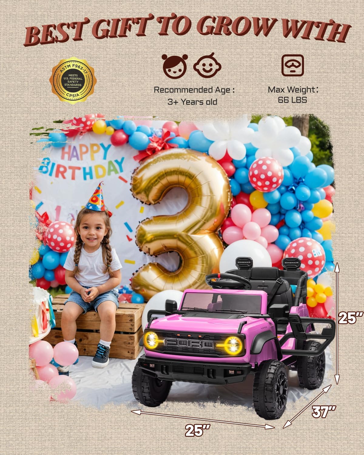 First Ride On 12V Electric Ride on Toys for Toddler, Ford Bronco Raptor Kids Ride on Car with Remote Control, 12 Volt Battery Powered Cars for Children with Smooth Start, Bluetooth (12V, Pink)