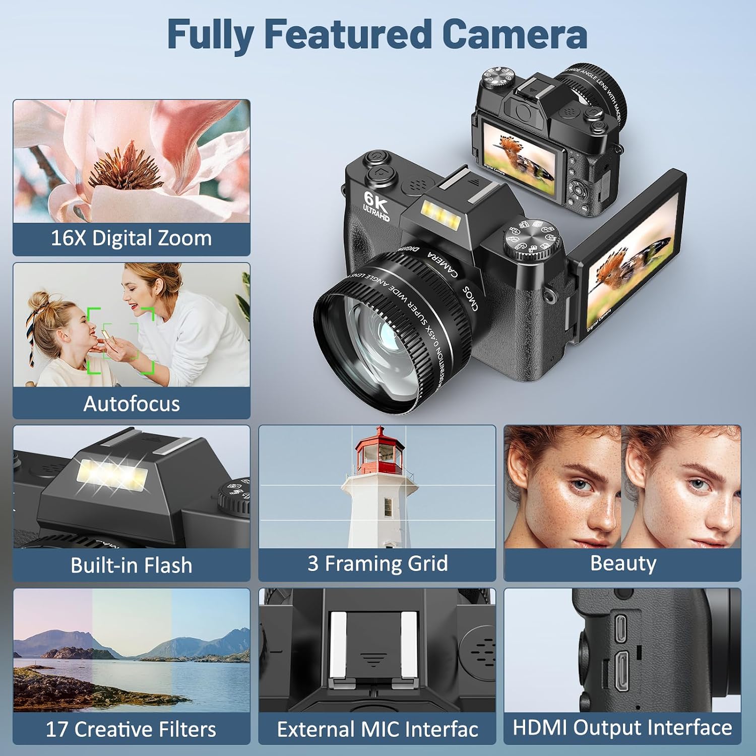 6K Digital Camera for Photography - WiFi 64MP Vlogging Cameras for YouTube with 3' 180° Flip Screen, 16X Digital Zoom Autofocus Vlog Travel Camara with 32GB SD Card, 2 Batteries and Double Charger