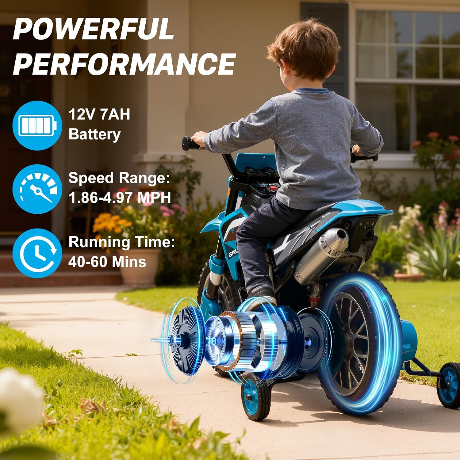 12V Kids Motorcycle w/Treaded Tires, 3.1mph Top Speed Electric Bike for Kids, Training Wheels, Music & Bluetooth, Spring Suspension, Age 3-8 Year Old, Bule