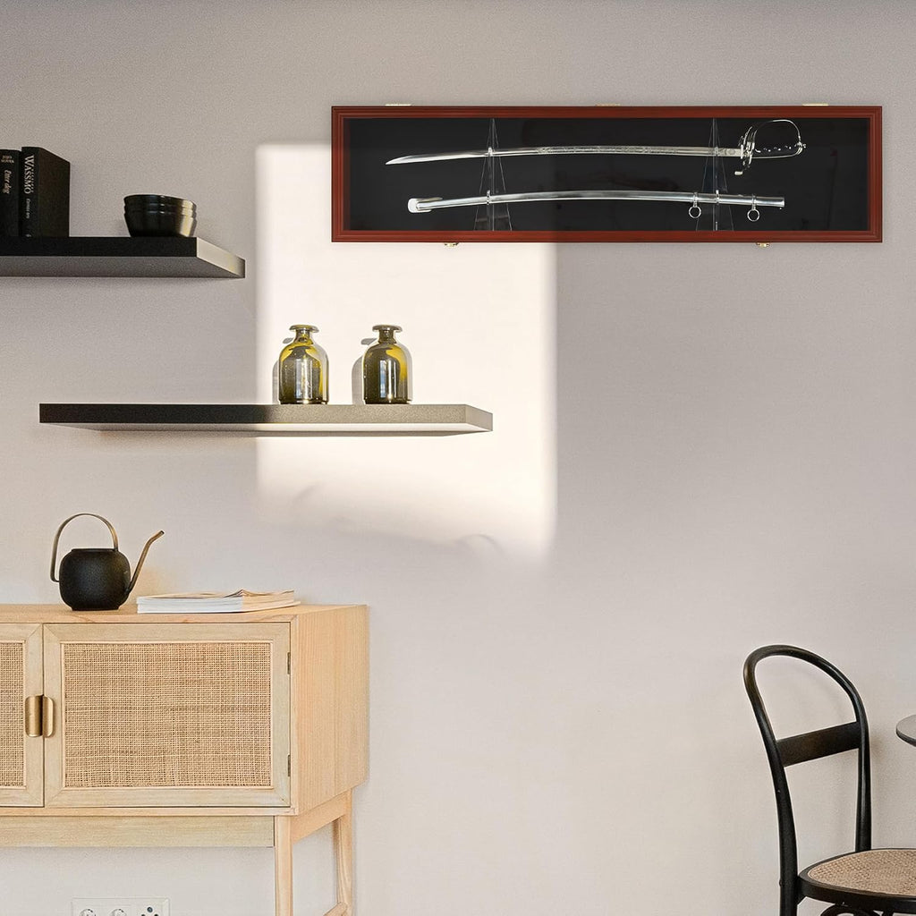 Sword Display Case Cabinet Stand Holder Wall Rack Holds Military Saber or Samurai Sword Lockable UV Protection Door Black Felt Inside, with Mahogany Finish Frame