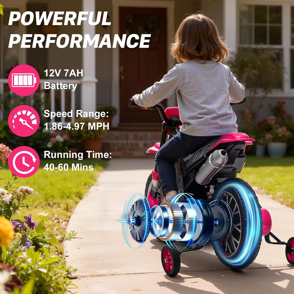 12V Kids Motorcycle w/Treaded Tires, 3.1mph Top Speed Electric Bike for Kids, Training Wheels, Music & Bluetooth, Spring Suspension, Age 3-8 Year Old, Pink
