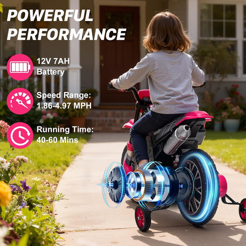 12V Kids Motorcycle w/Treaded Tires, 3.1mph Top Speed Electric Bike for Kids, Training Wheels, Music & Bluetooth, Spring Suspension, Age 3-8 Year Old, Pink