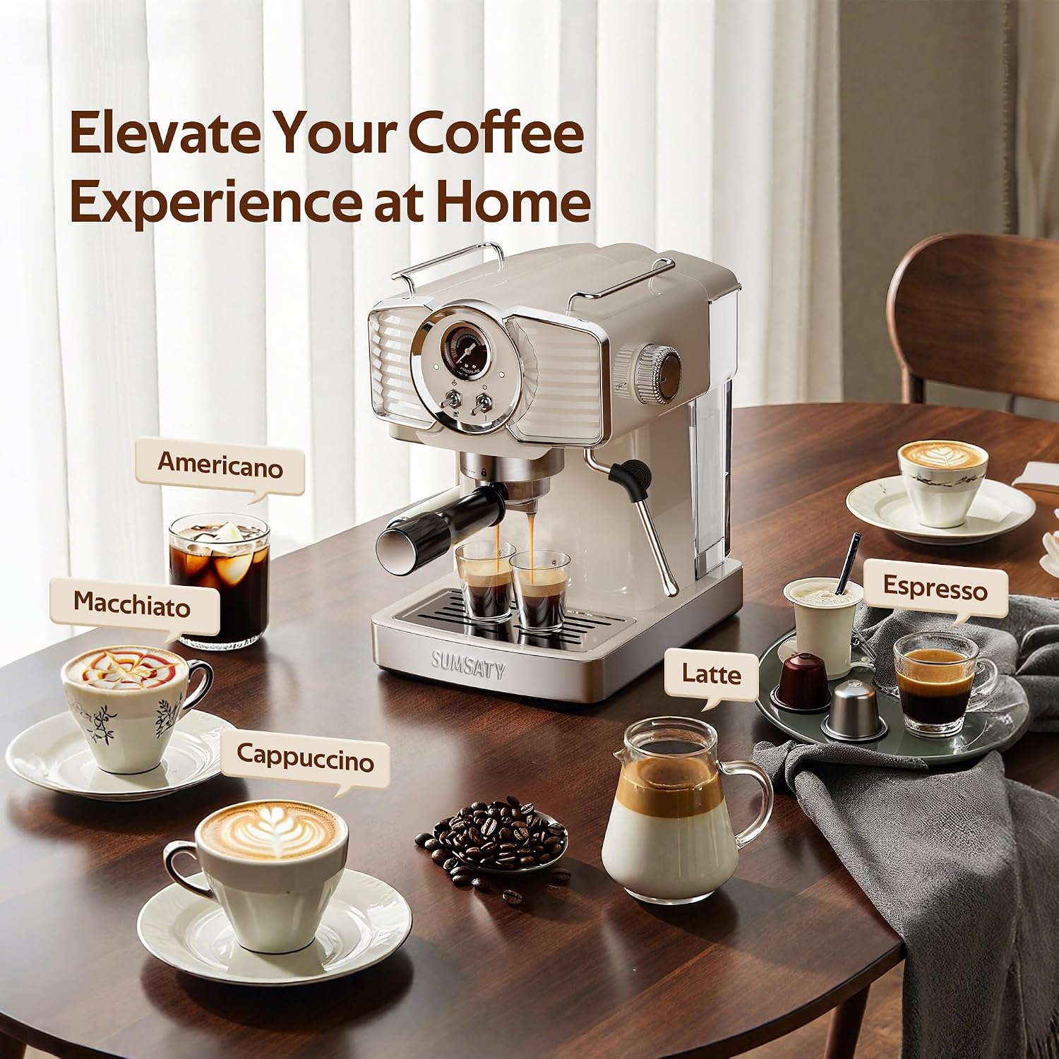 SUMSATY Espresso Machine 20 Bar, Professional Espresso Maker with Milk Frother Steamer Wand, Retro Coffee Maker Cappuccino & Latte Machine for Home, 1.8L Removable Water Tank, Off-white