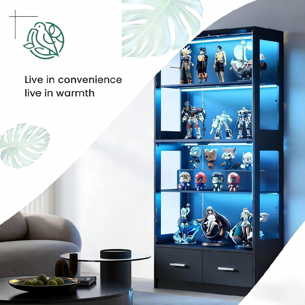 Lamtor Display Cabinet with Glass Doors - 67' Curio Cabinet for Collectibles with RGB LED Lights and 2 Drawers, 4 Tier Glass Display Case for Living Room, Office, Black