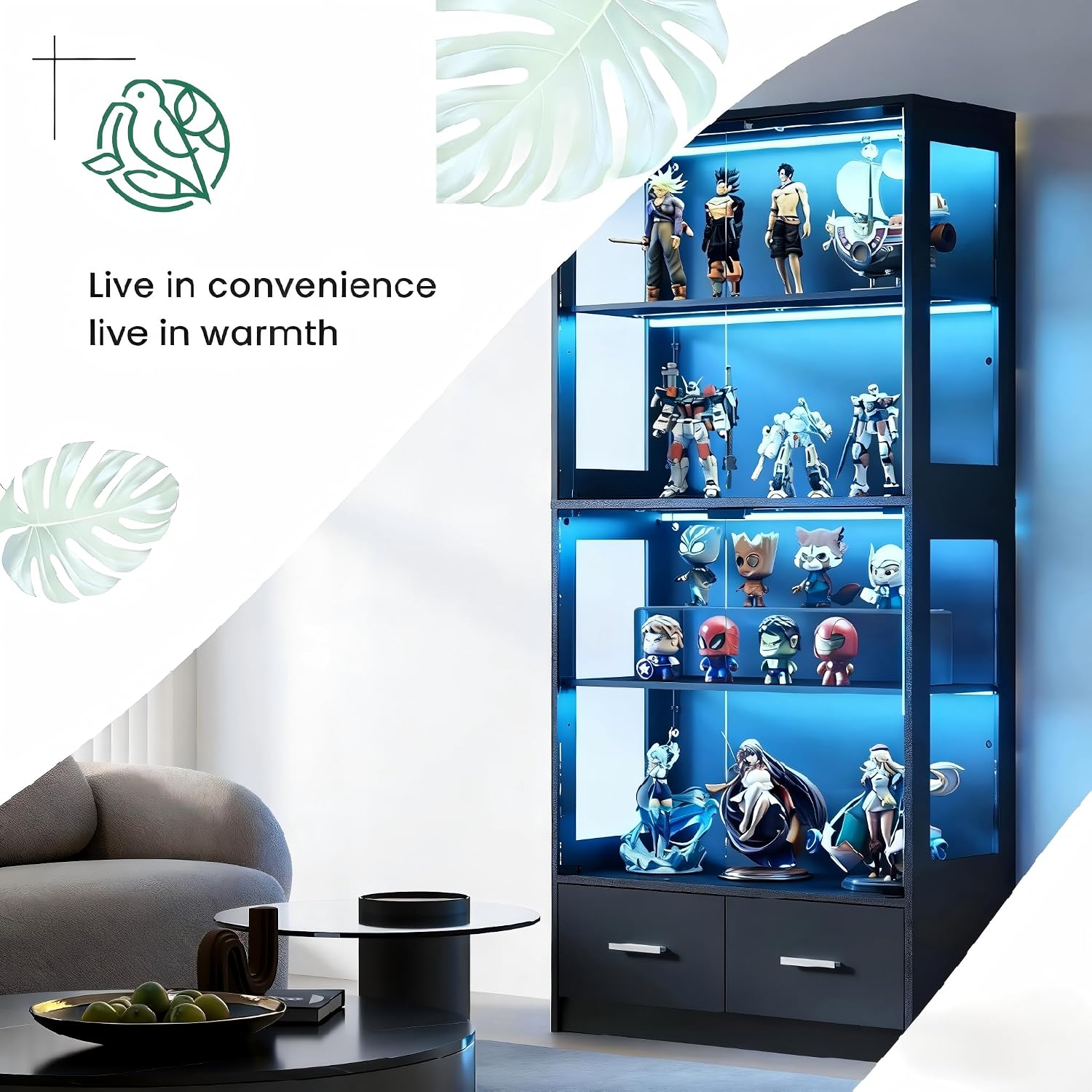 Lamtor Display Cabinet with Glass Doors - 67' Curio Cabinet for Collectibles with RGB LED Lights and 2 Drawers, 4 Tier Glass Display Case for Living Room, Office, Black