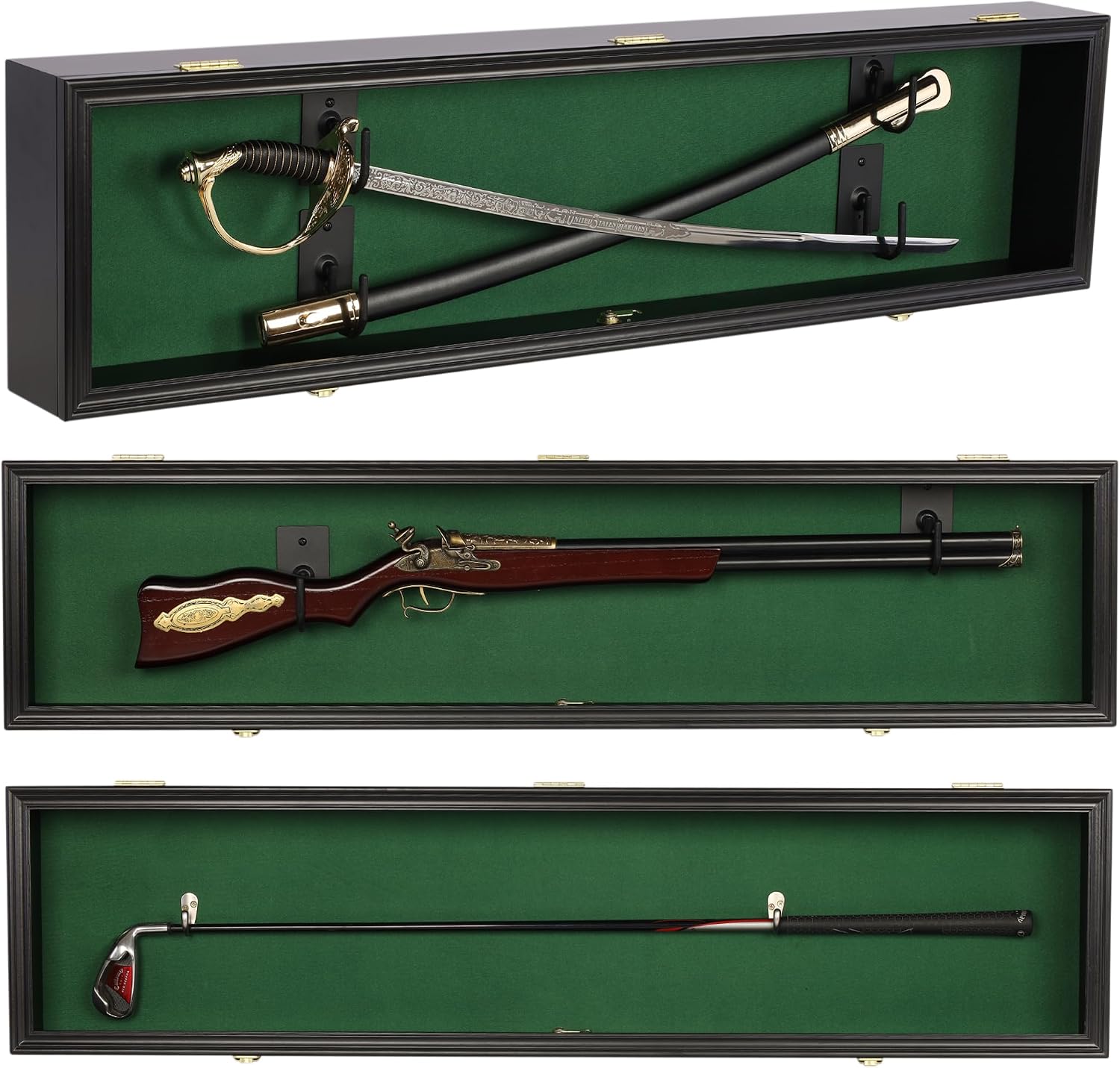 ONE 44' Rifle Gun Shotgun Display Case Saber Sword Golf Club Display Case Cabinet Rack Putter Shadow Box w/98% UV - Lockable Door (Green Felt)-Black Frame