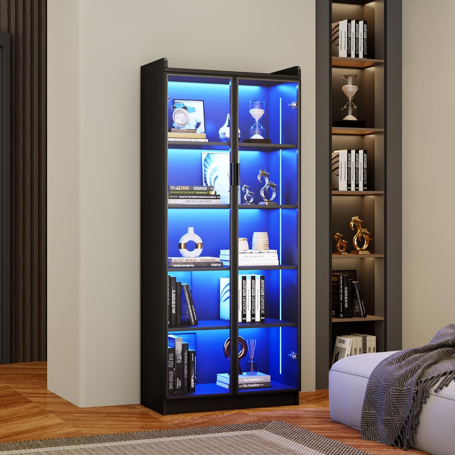 Dystler Display Cabinet with Doors and Adjustable Shelves, 65' Tall Bookcase with LED Lights/Human Sensor, 5 Tier Display Case for Collectibles Bedroom Living Room Office, Black