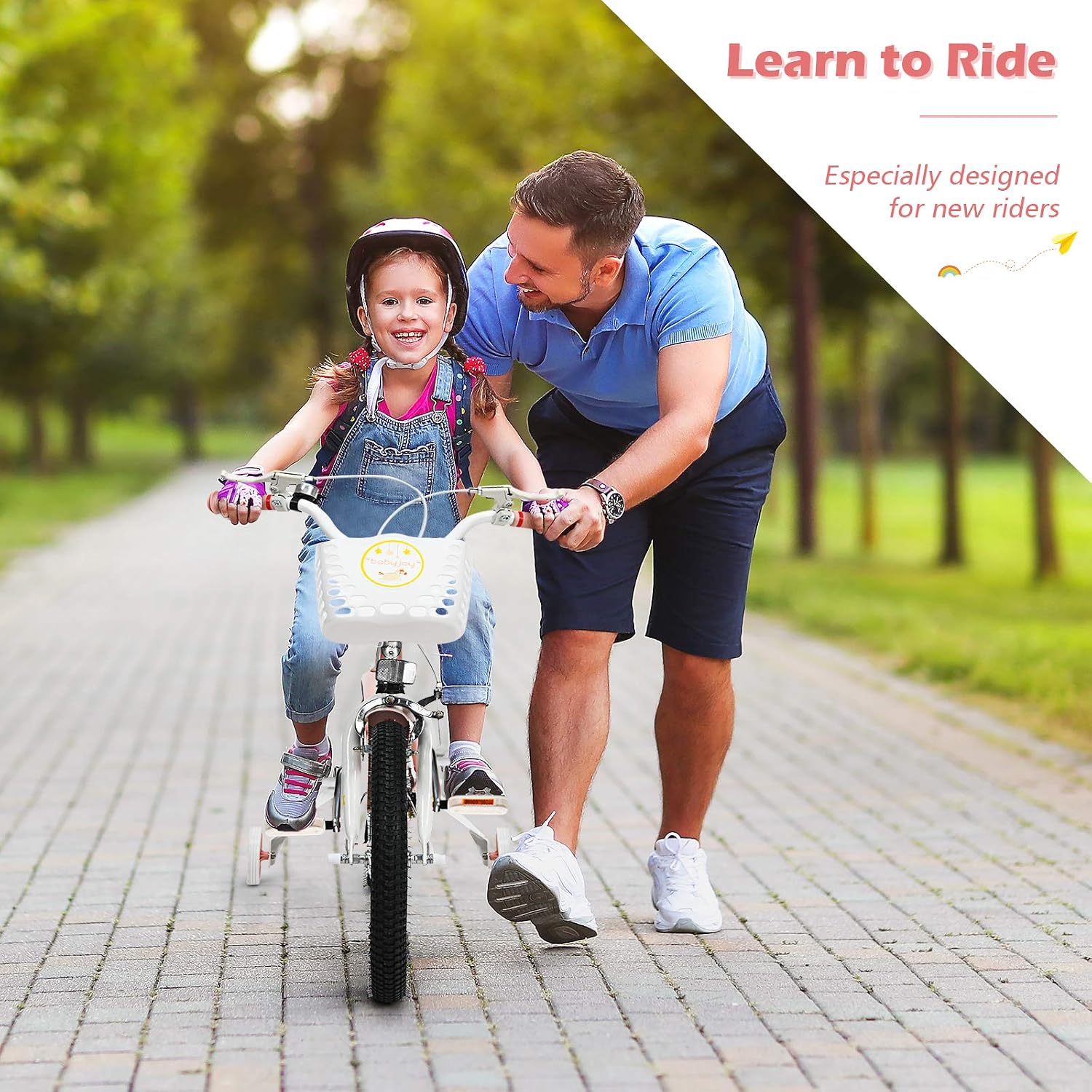 BABY JOY Girls Bike, 12' 14' 16' 18' Kids Bike for 3-8 Years Old with Training Wheels, Adjustable Seat & Handlebar, Handbrake & Coaster Brake, Children Bicycle