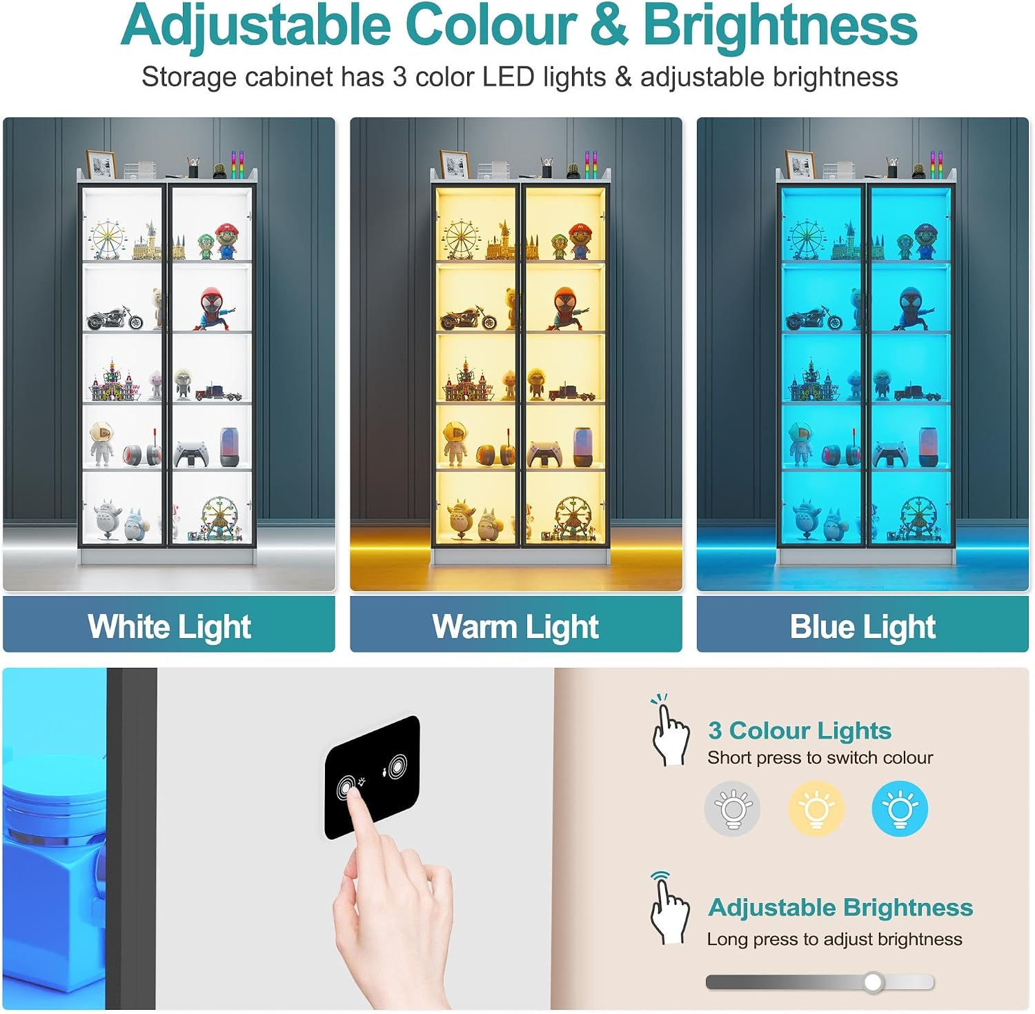 Lvifur 65' LED Display Cabinet with Lights for Living Room, 5 Tier Bookcase with Adjustable Shelves for Office, Tall Storage Cabinet with Human Body Induction for Collectibles (White)