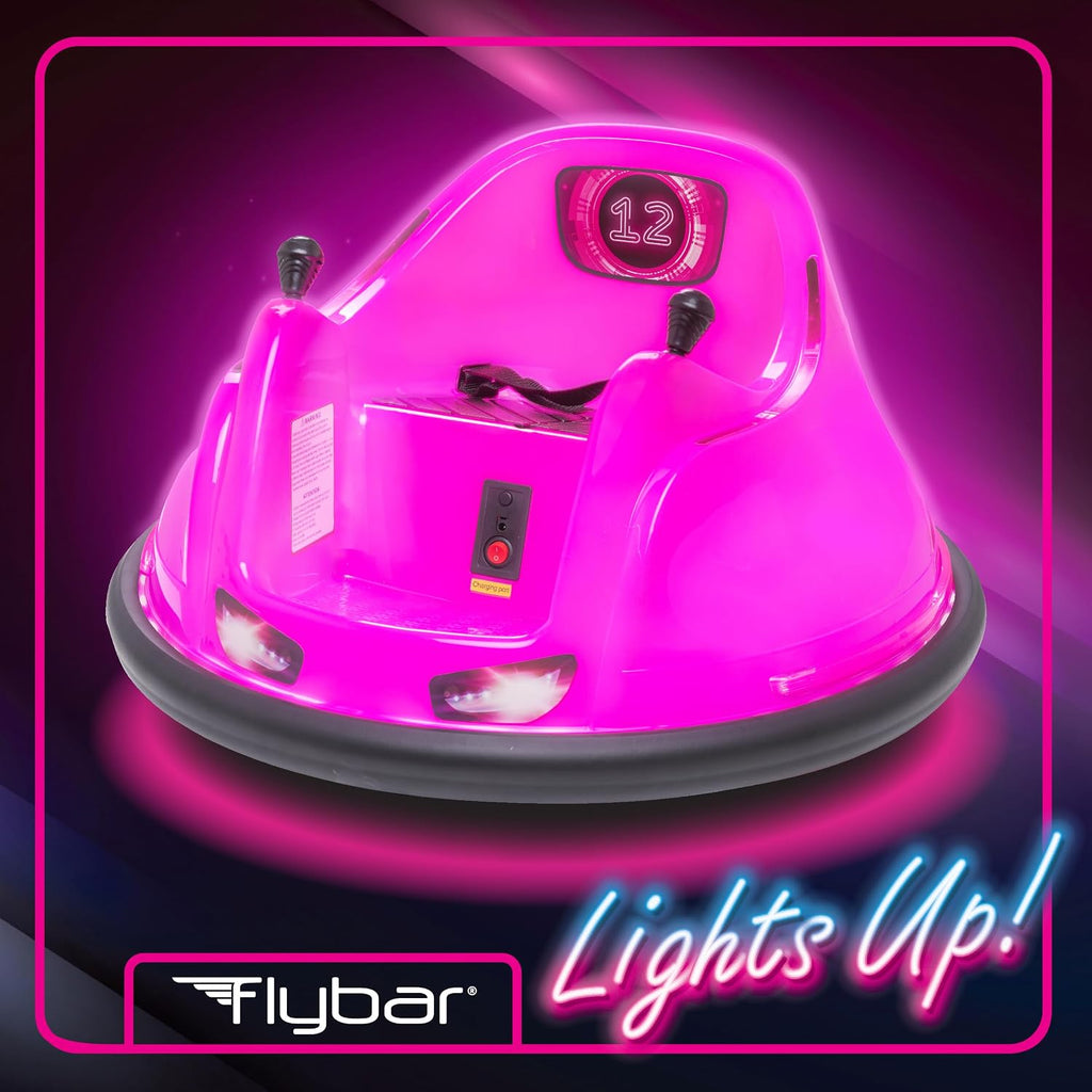 Flybar 6V Pink Glow Bumper Car for Kids – LED Ride-On Toy with 360° Spin, Rechargeable Battery, and Soft Rubber Bumpers – Safe Indoor Fun for Toddlers Ages 1.5+, Up to 66 lbs