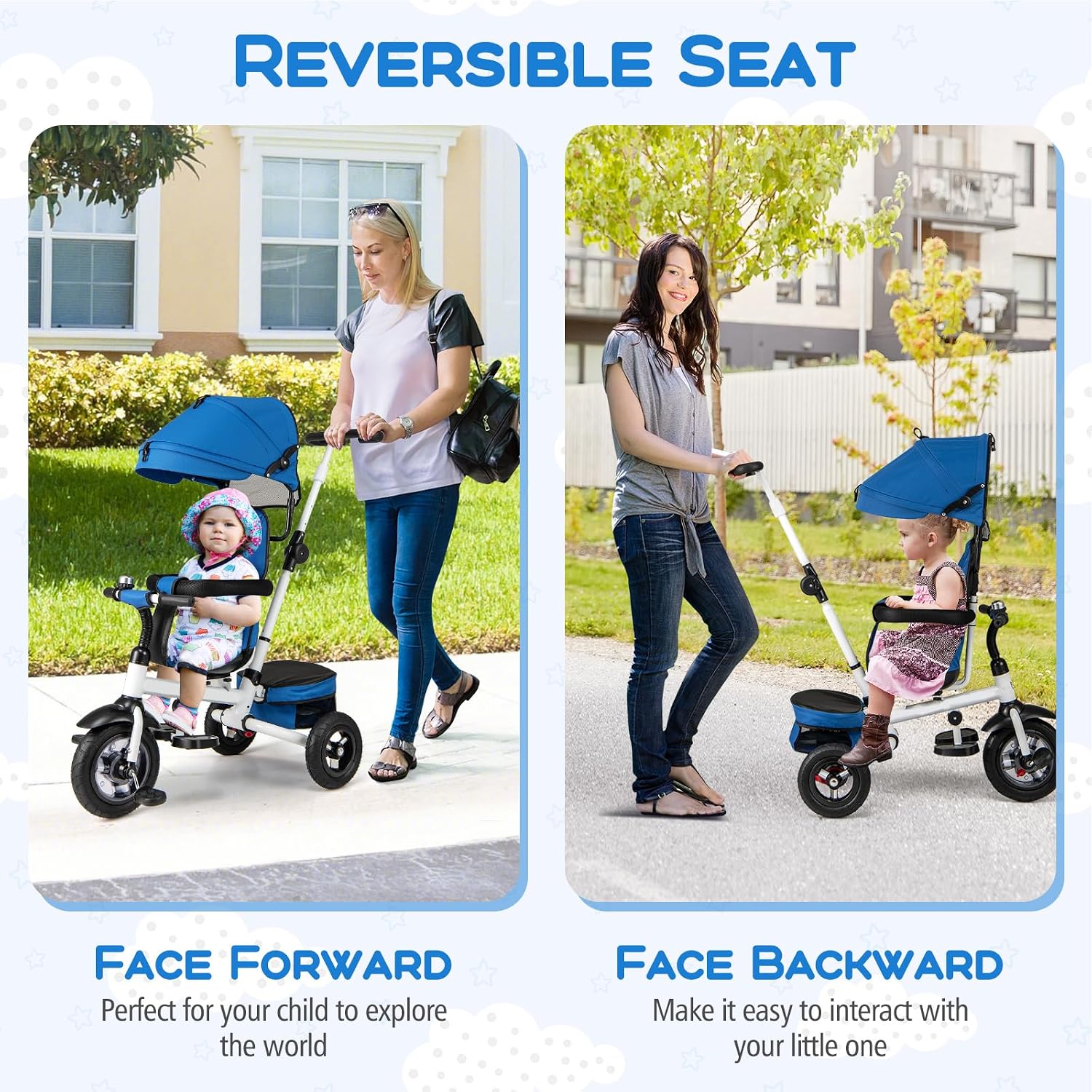 Costzon Tricycle, 5 in 1 Toddler Bike w/Foldable Push Handle, Rotatable Seat, EVA Wheel, Adjustable Canopy, Storage Basket & Bell, Trike for Kids 1-5 Years Old (Blue)