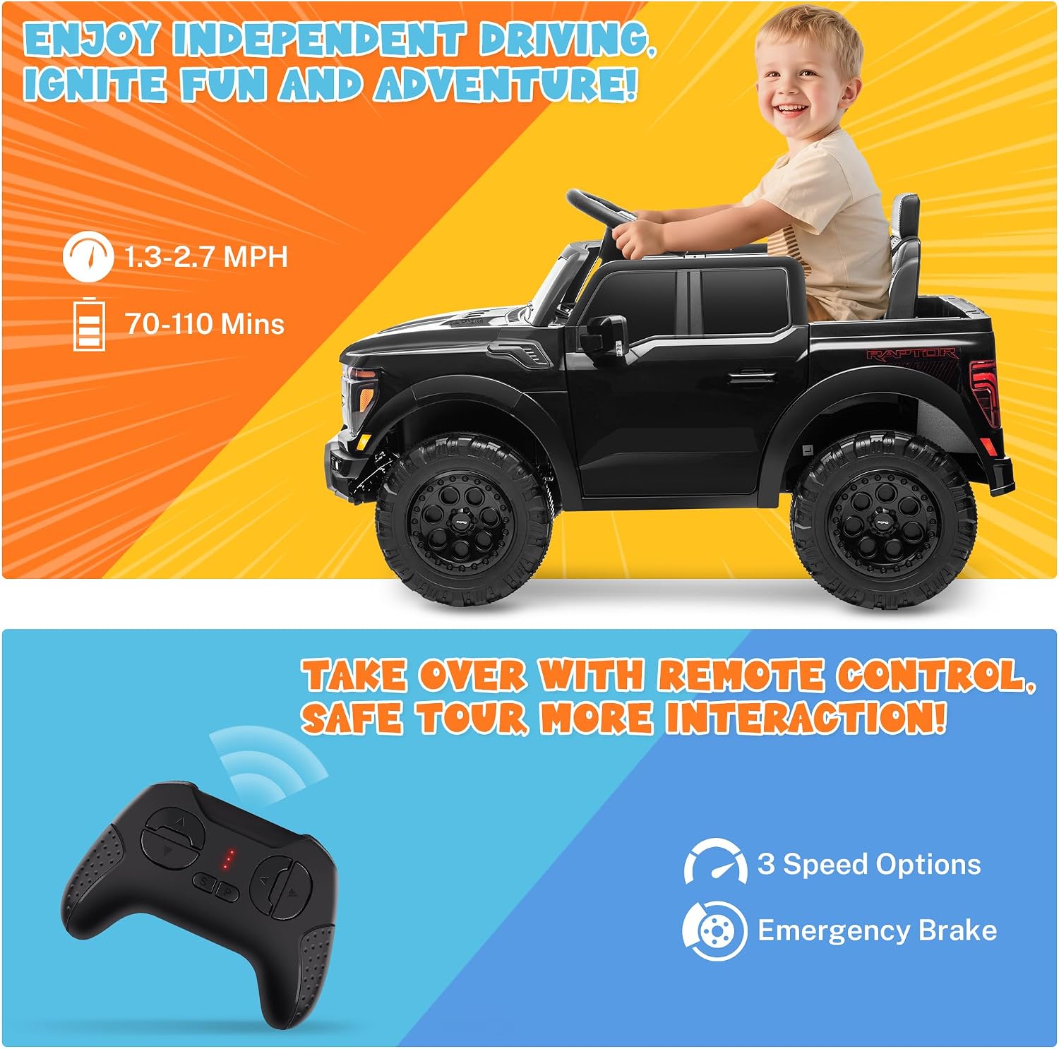 ENYOPRO 12V Kids Ride On Truck, Licensed Ford F-150 Raptor Toddler Electric Car w/Remote Control, Kids Ride On Car Toy w/LED Lights, Bluetooth Music, Lockable Doors, Safety Belt, 2 Speed (Black)