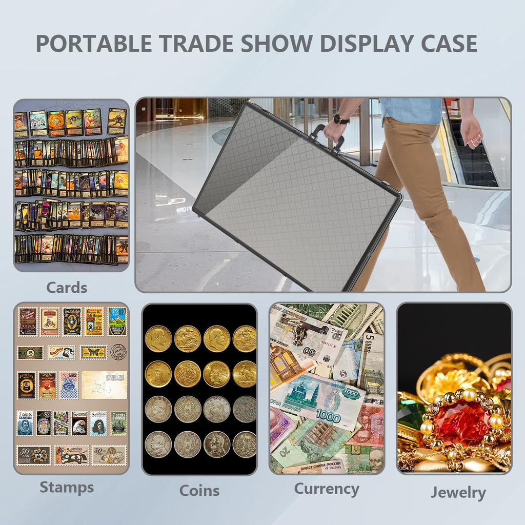 Card Display Case Large Aluminum 34' L x 22' W, Lockable Trading Card Display with Handle, 3' H Portable Trade Show Display Case for Sports Card/TCG/Jewelry Collection, Black