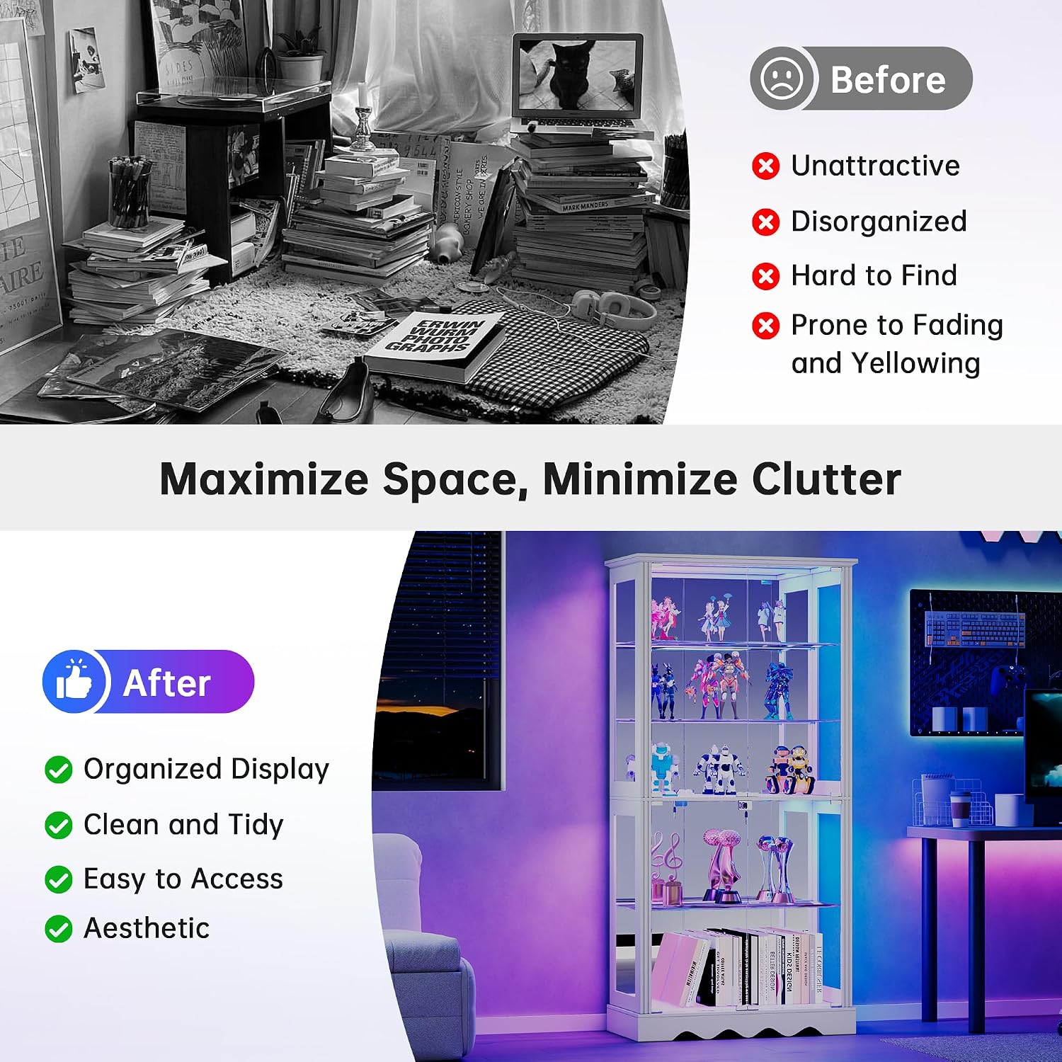 Dystler Display Cabinet with Glass Doors, 71'' Tall Curio Cabinet with RGB Lights for Collectibles, LED Display Case with Removable Shelf for Book/Medal/Figure, White