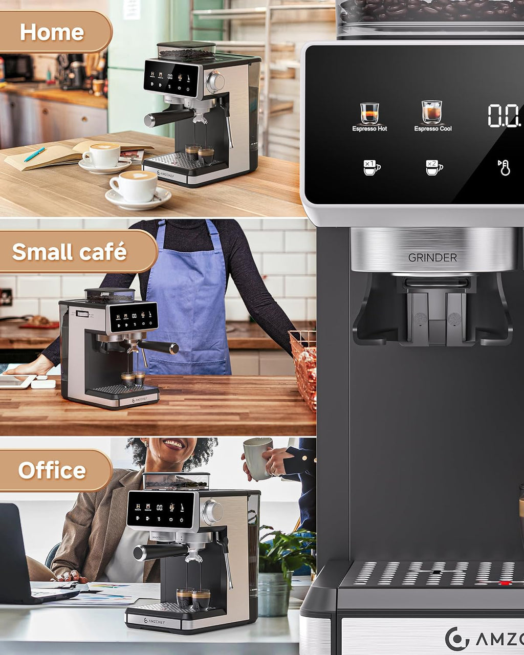 AMZCHEF 20 Bar Espresso Machine with Grinder - 3 Temp Coffee Machine with 20 Grinding Settings, Hot/Cold Brew Espresso Maker with Milk Frother, Coffee Maker for Latte/Cappuccino,61oz Water Tank, Black