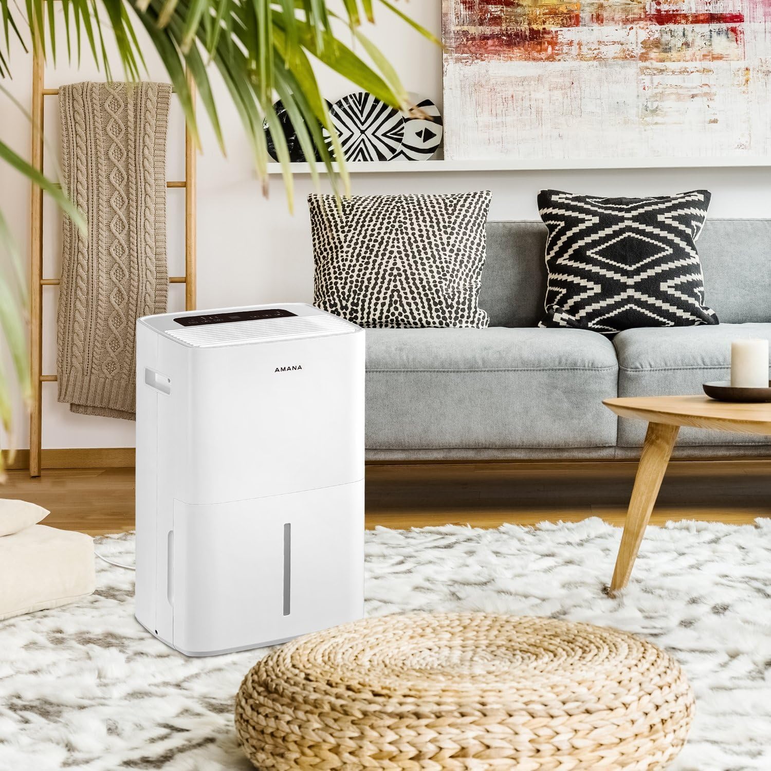 Amana 50-Pint Portable Dehumidifier with Pump for Basement, Garage, Living Room, Attic, 115V, with Auto-Shutoff and Timer, Energy Star, White