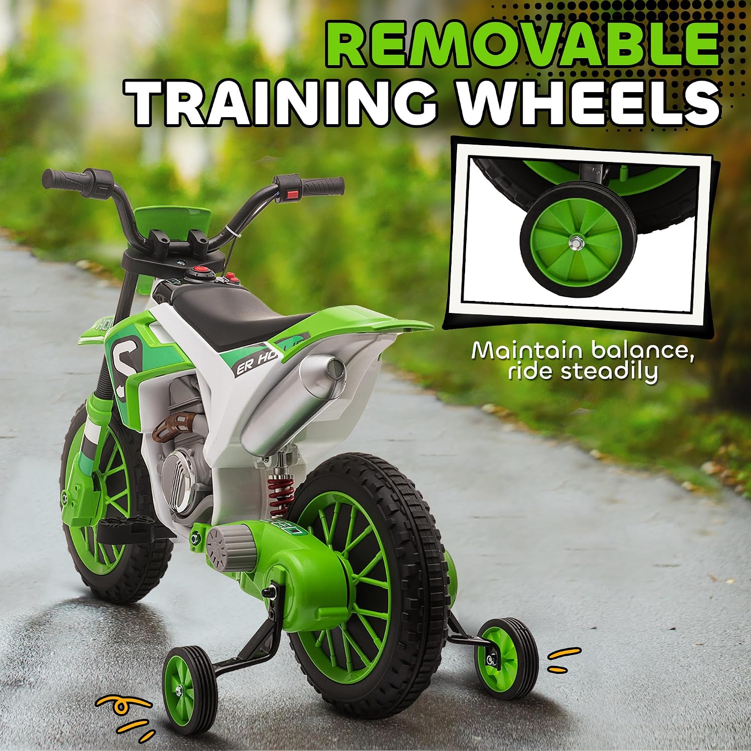 Aosom 12V Kids Motorcycle w/Treaded Tires, 5mph Top Speed Electric Bike for Kids, Ride On Motorcycle w/Training Wheels, Battery Charger, Spring Suspension, Green
