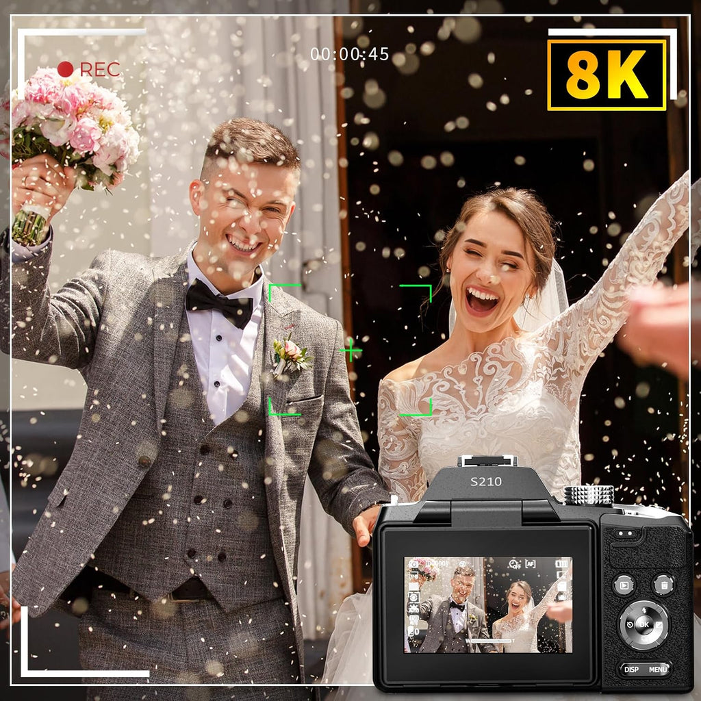 NBD 64MP Digital Cameras for Photography,8K Vlogging Cameras for YouTube,16X Optical Zoom Travel Point and Shoot Digital Cameras Fotograficas with 180°Flip Screen,58mm UV Lens,2 Batteries（Black）
