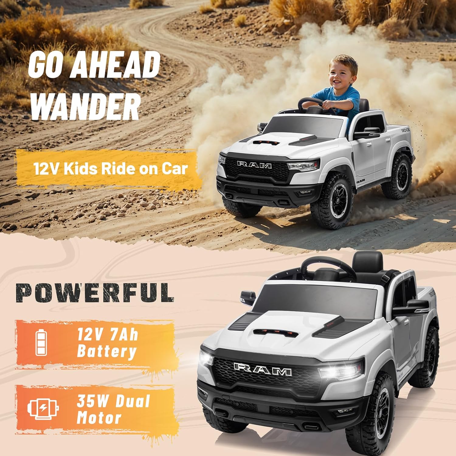 YOFE Ram 1500 Ride on Toys for Kids 4-8, Ride on Pickup Truck for Toddlers with Remote Control,12V Battery Powered Car with Trunk, Bluetooth, Music, Safety Belt (White)
