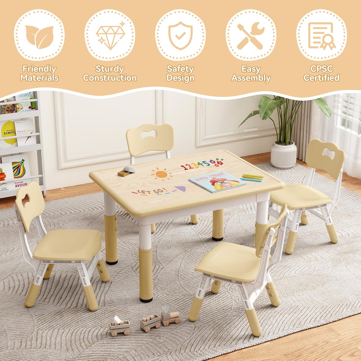 GITAWUSA Kids Study Table and Chairs Set, Height Adjustable Toddler Table and Chair Set for Kids Ages 3-8, 31.5' L x 23.6' W Graffiti Desktop Plastic Children Art Table with 4 Seats, Brown