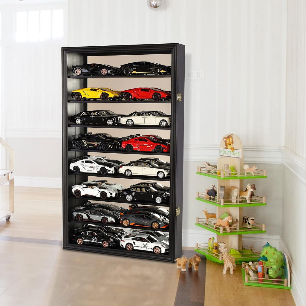 Display Case for 1:24 - 1:18 Scale Diecast Toy Model Cars Hot Small Toy Car Wheels Storage Showcase, 98% UV Protection, 4mm Thick Acrylic (Black-1:24 Scale-Holds 16)