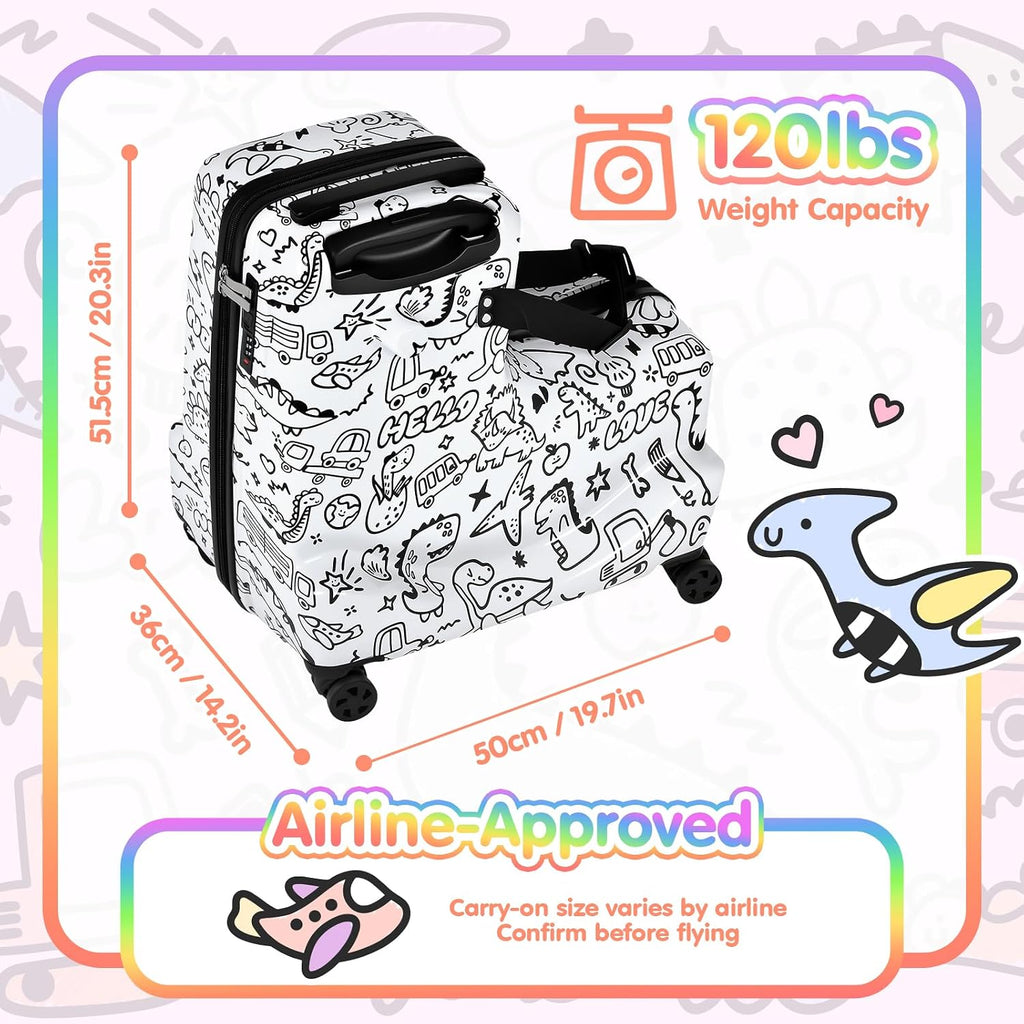 smilesun 22' Kids Ride-On Suitcase with Safety Strap, Multifunctional Kids' Luggage with Double Spinner Wheels, Durable and Lightweight for Boys and Girls Ages 2-10 (White, 20-inch)