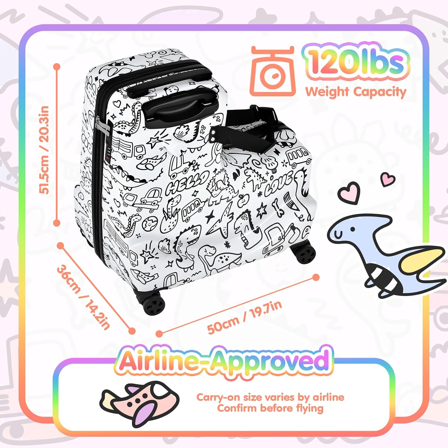 smilesun 22' Kids Ride-On Suitcase with Safety Strap, Multifunctional Kids' Luggage with Double Spinner Wheels, Durable and Lightweight for Boys and Girls Ages 2-10 (White, 20-inch)