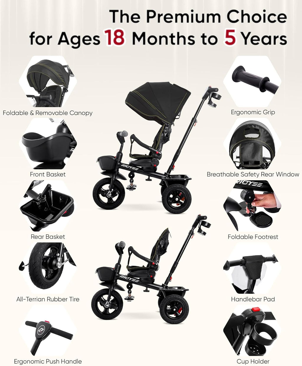 RIDYEE 7-in-1 Tricycle for 18 Months to 5 Years, All-Terrain Rubber Tires, Dual Wheel Brakes, Rotatable Seat for Toddlers 1.5-3, Tricycle for 3-5 Years with DIY Stickers, Black