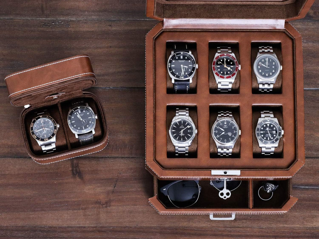 Gift Set 6 Slot Leather Watch Box with Valet Drawer - Luxury Watch Case Display Organizer, Microsuede Liner, Locking Jewelry Box, Mens Storage Boxes Holder Large Glass Top (Tan/Brown Gift Set)