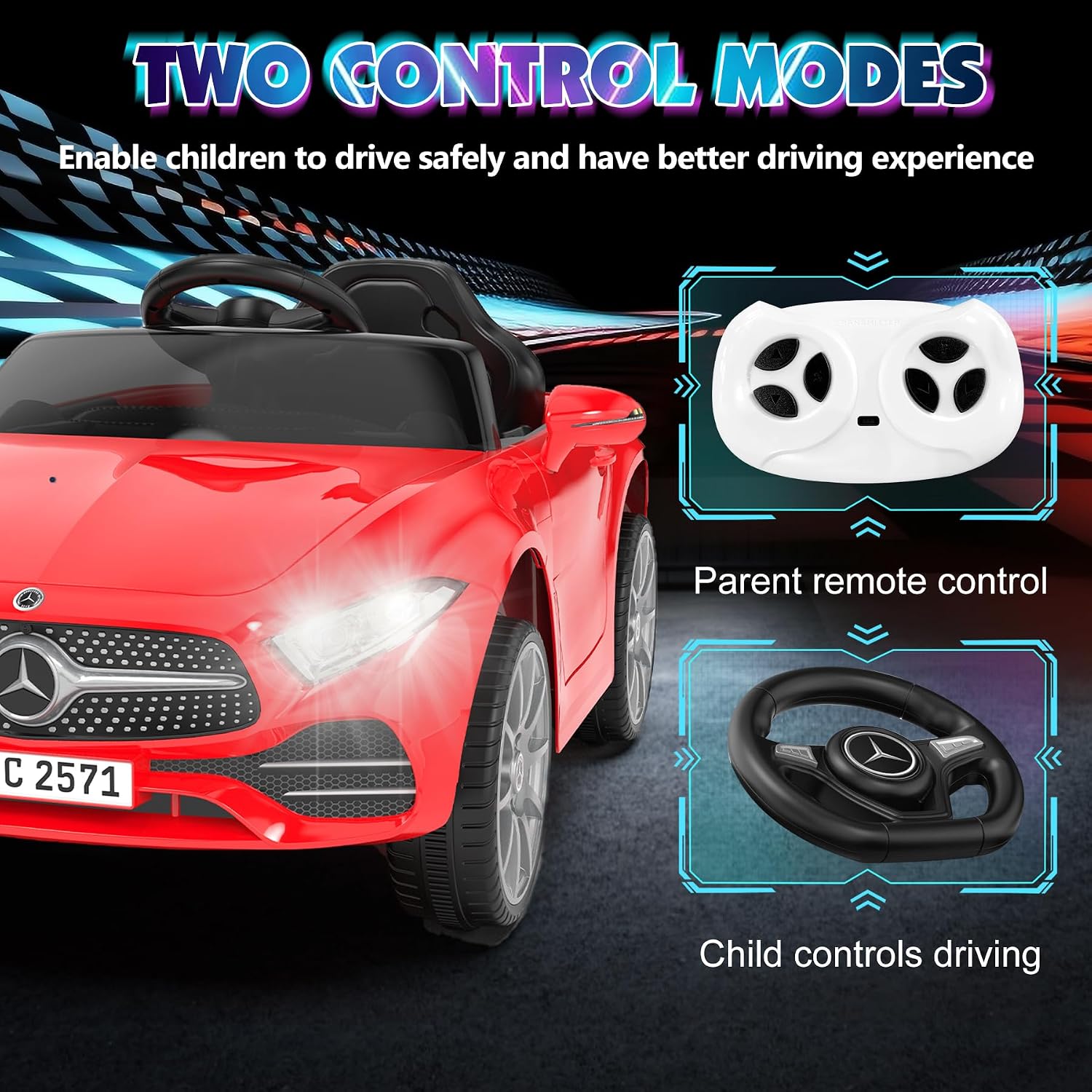 12V Kids Ride On Car with 2.4G Remote Control,Battery Powered Electric Car Ride On Vehicle Double Doors, Safety Belt,LED Light (SC-Red)