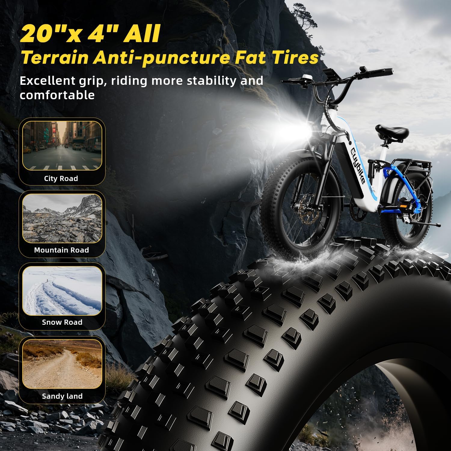 EUYBIKE Electric Bike for Adults 1400W Peak, 48V 20AH(960WH) Removable Battery, 20'x4' Fat Tire Full Suspension 80 Miles Range Step-Thru Hunting Ebike, 7-Speed Dual Brakes Electric Bicycle