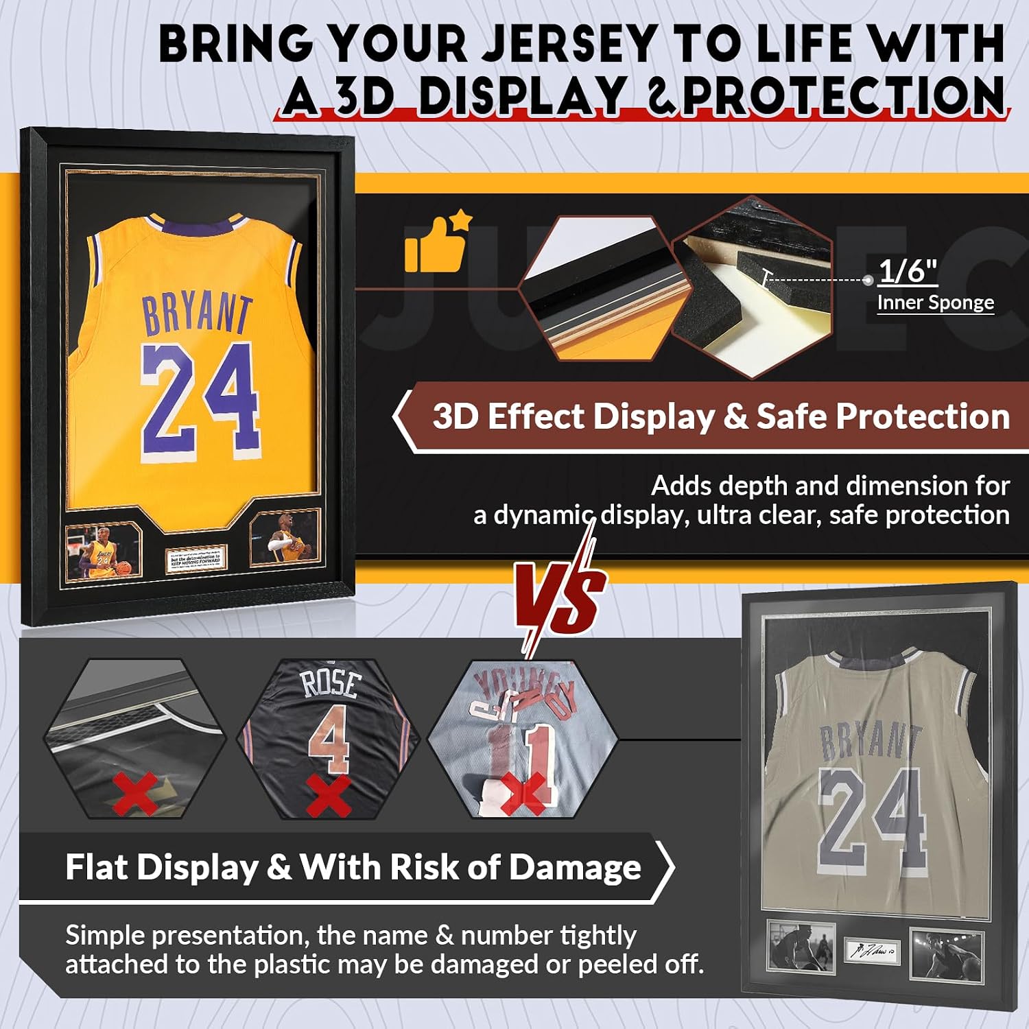 JupDec Jersey Frame Display Case 3 Pack, Large Clear Acrylic Shadow Box with UV Protection for Basketball Baseball Football Soccer Hockey Shirt, Wall Mount Wooden Showcase, Idea Gift for Sports Fans
