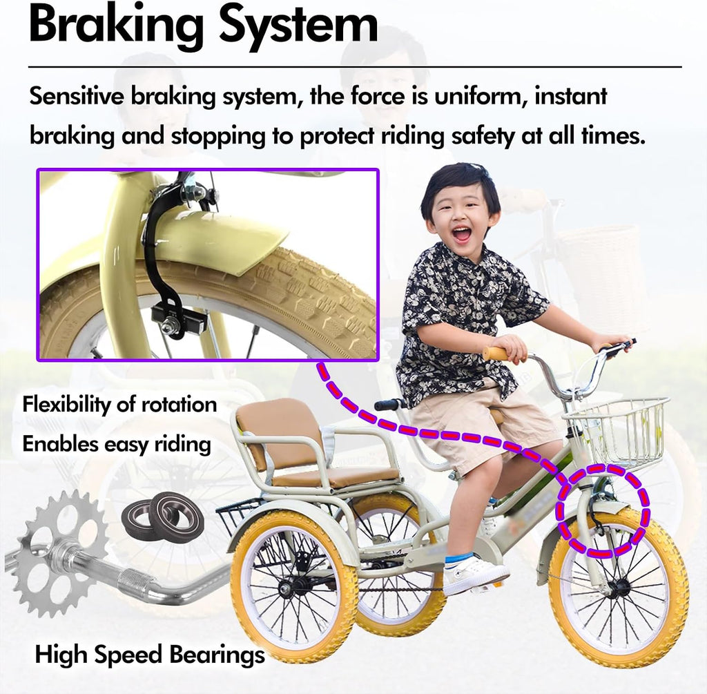 SRNSAEB Pink Gray Green Yellow 3-Wheel Bikes Carrying Passengers, Three Wheel Cruiser Bike Two-Seater Children Tricycle, Double Twins Toy Bicycle with Adjustable Height Seats & Handle(Pink,20in)